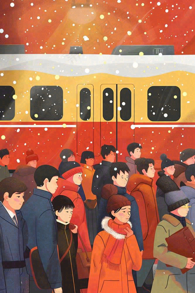 新年春节春运高铁火车回家过年卡通插画背景(896x1344)