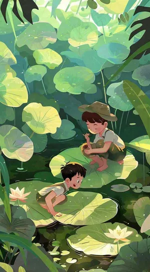 夏天池塘荷叶荷花下的儿童嬉水玩耍小清新绿色立夏小暑大暑夏至卡通插画背景
