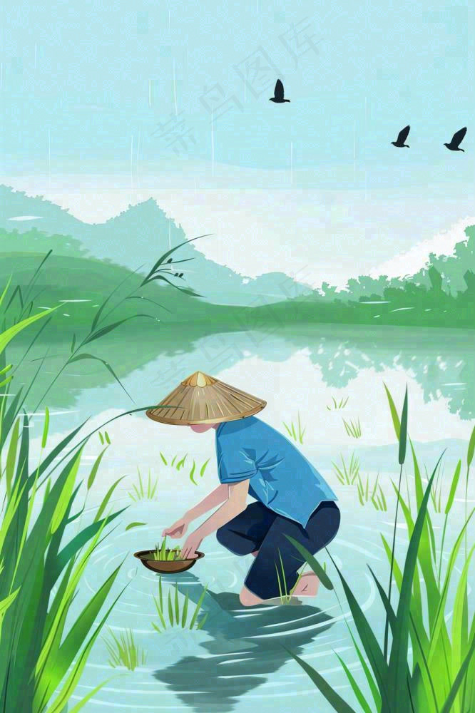 春耕农民种植水稻水田春雨燕子小满芒种春分卡通插画背景(896x1344)