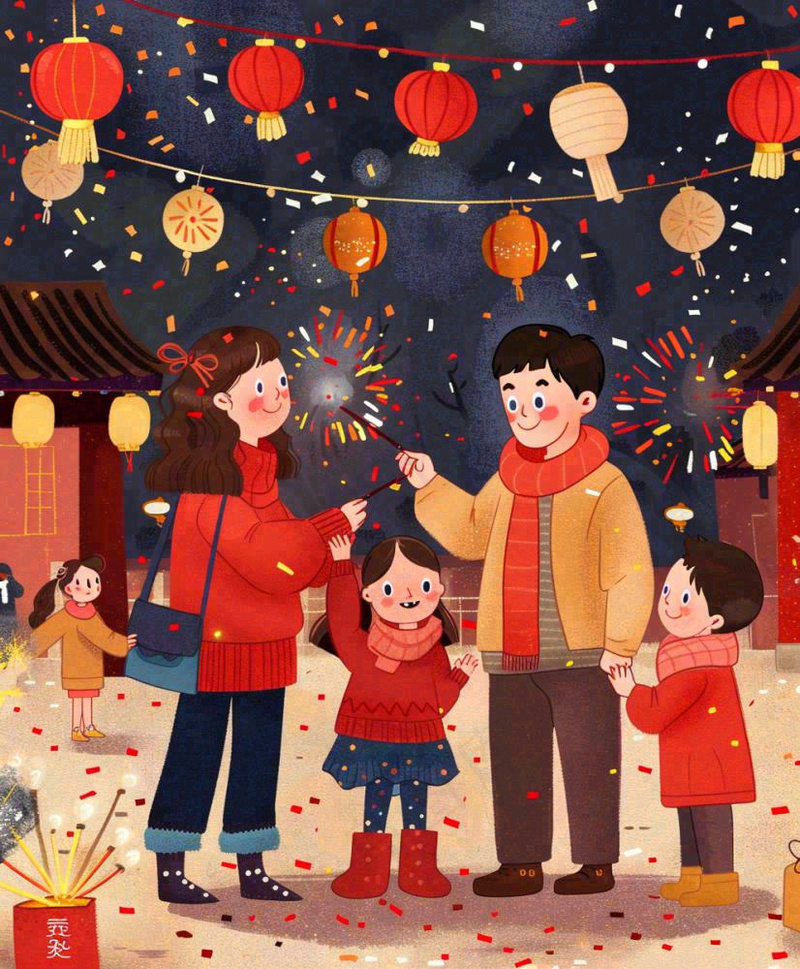 新年一家人游玩张灯结彩热闹喜庆放烟花街道小年除夕春节卡通插画背景