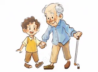 孙子牵着爷爷孝敬老人陪伴亲情人物卡通插画免抠