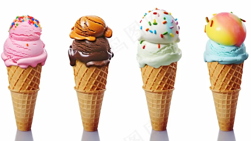 冰淇淋口味多种蛋筒摄影图(4368x2448)