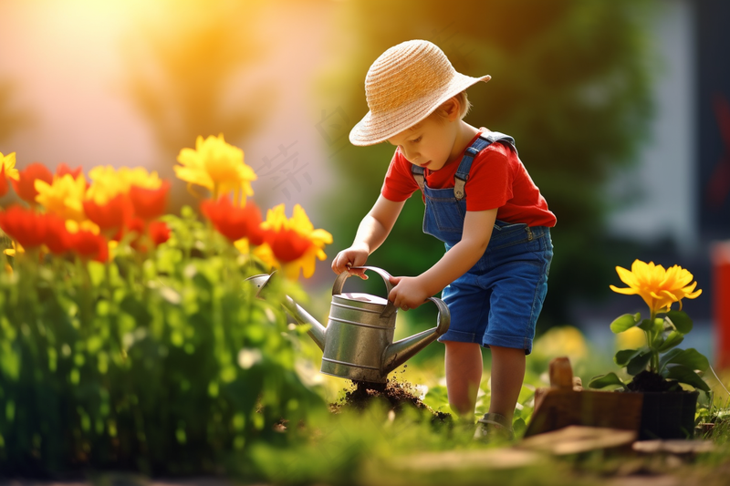男孩在花园里浇花阳光鲜花摄影图