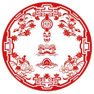 中式红色圆形贴纸窗花插画免抠
