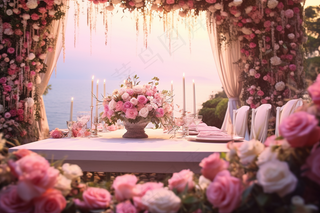 浪漫地中海婚礼粉色鲜花玫瑰梦幻浪漫摄影图