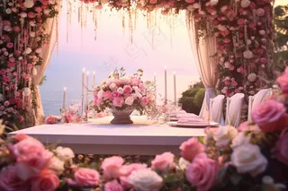 浪漫地中海婚礼粉色鲜花玫瑰梦幻浪漫摄影图