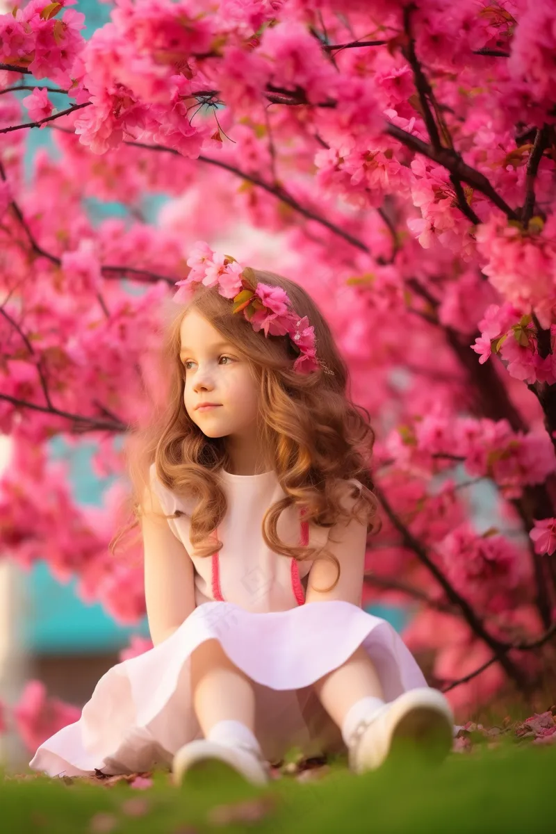 春天樱花树下的女孩唯美粉色背景摄影图(2688x4032)