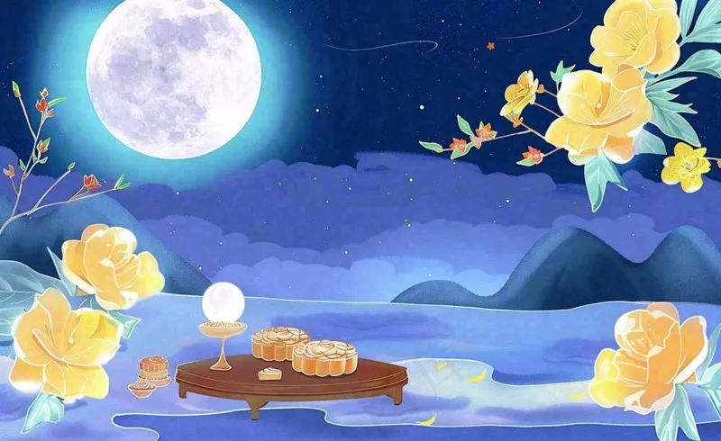 中秋夜晚赏月月饼饮茶黄花菊花桂花国风插画背景(1408x864)