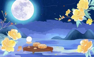 中秋夜晚赏月月饼饮茶黄花菊花桂花国风插画背景