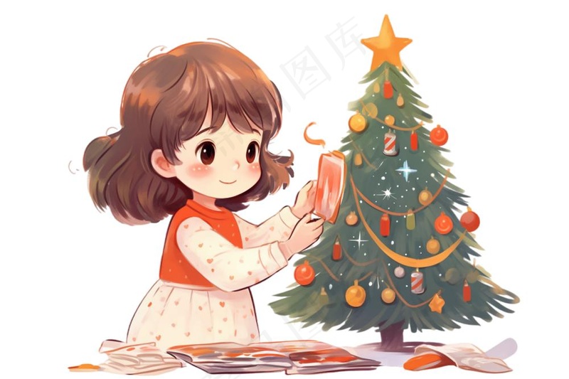 女孩装饰圣诞树可爱卡通插画免抠(1344x896)