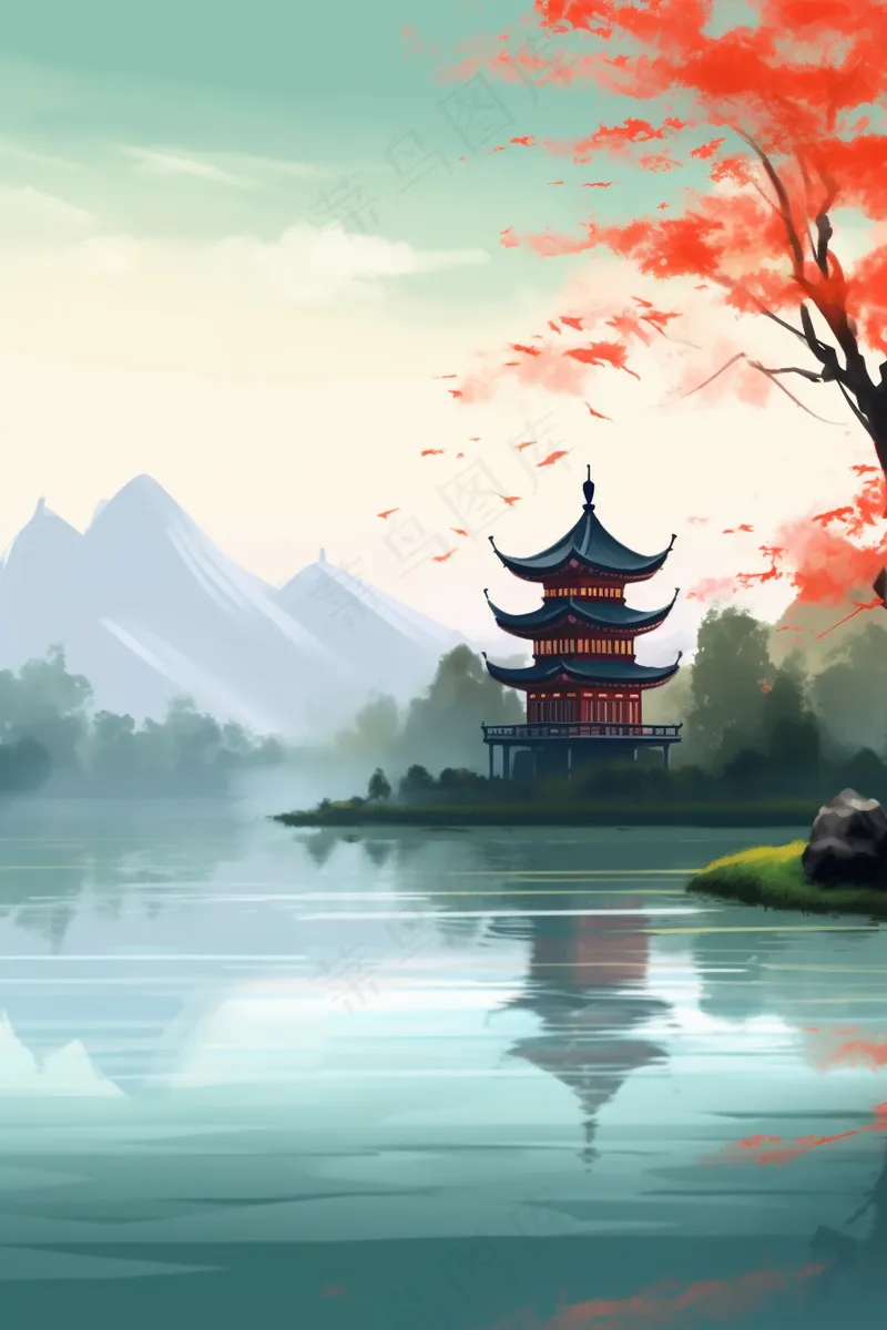 山水画凉亭湖水中国风插画背景(2688x4032)