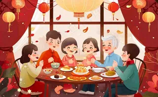 新年春节除夕夜一家人团圆饭节日团聚温馨温暖卡通插画背景