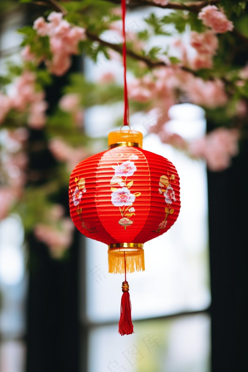 树梢挂着红灯笼花树中式节日摄影图(2688x4032)