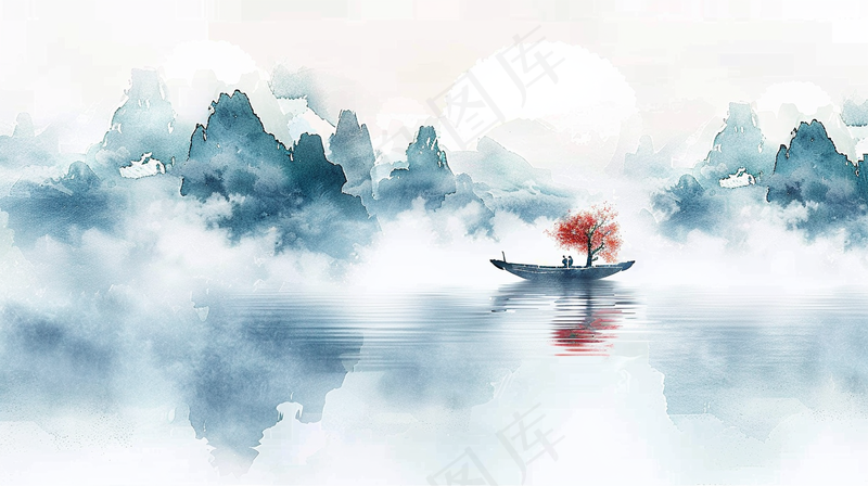 水墨山水画小船河面山川连绵国画插画背景(4368x2448)