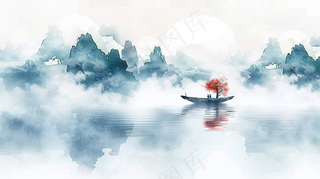 水墨山水画小船河面山川连绵国画插画背景