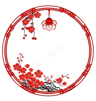 红色圆形边框窗花春节贴纸免抠