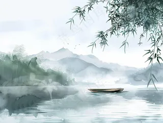 水墨山水画小船河面山川连绵国画插画背景
