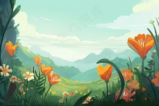 春天草坪花草盛开山野里绿色卡通插画背景