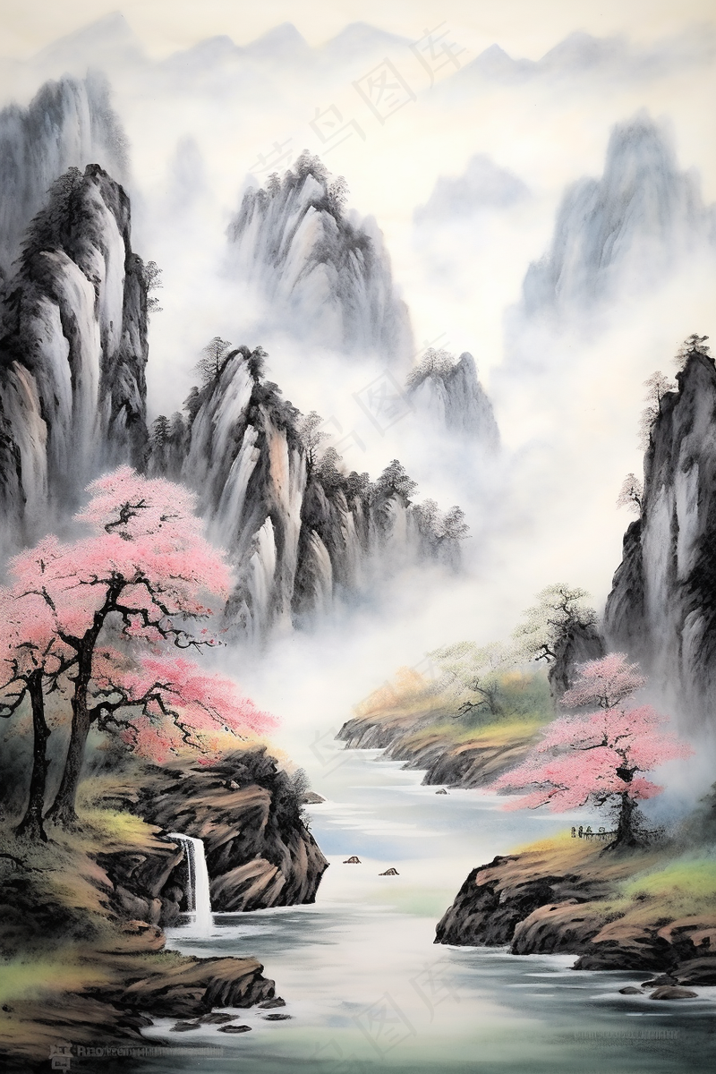 a painting of a river surrounded by mountains, an ultrafine detailed painting by Huang Guangjian, pixabay, modern european ink painting, qi sheng luo, chinese landscape, traditional chinese watercolor