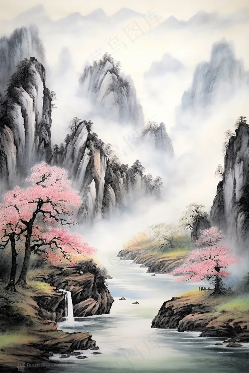 a painting of a river surrounded by mountains, an ultrafine detailed painting by Huang Guangjian, pixabay, modern european ink painting, qi sheng luo, chinese landscape, traditional chinese watercolor(2688x4032)