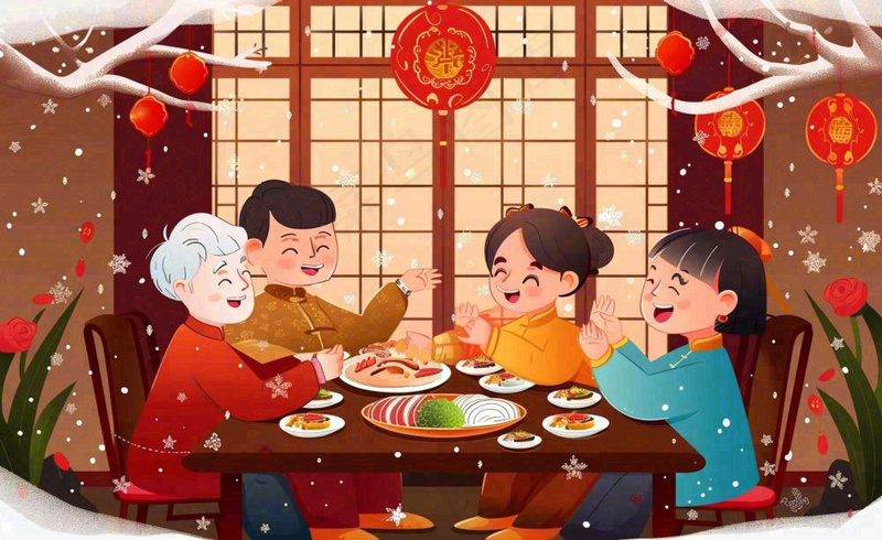 新年春节除夕夜一家人团圆饭节日团聚温馨温暖卡通插画背景