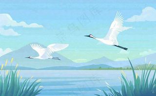 白露芦苇山水飞鹤插画蓝色唯美卡通插画背景