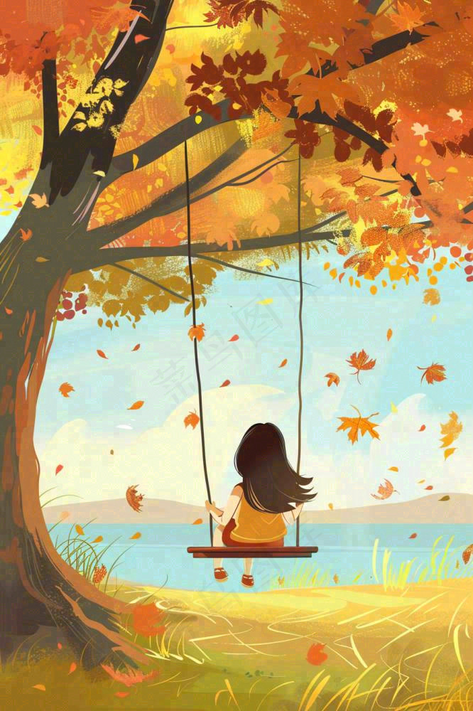 秋天湖泊大树下荡秋千的女孩落叶立秋秋分卡通插画背景(896x1344)