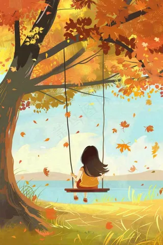 秋天湖泊大树下荡秋千的女孩落叶立秋秋分卡通插画背景