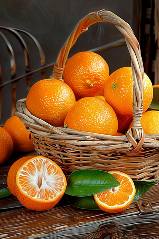 橘子橙子编织篮水果摄影图