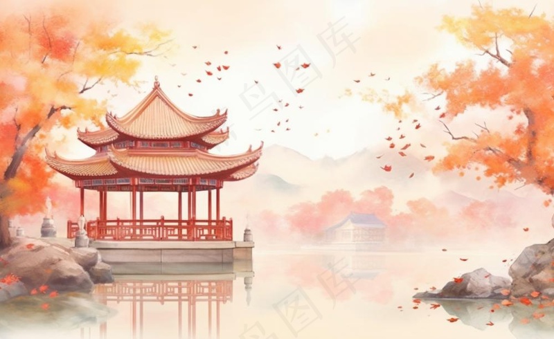 秋季枫叶晚亭山水湖面倒影美景中国风水墨画插画背景(1408x864)