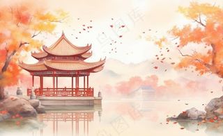 秋季枫叶晚亭山水湖面倒影美景中国风水墨画插画背景