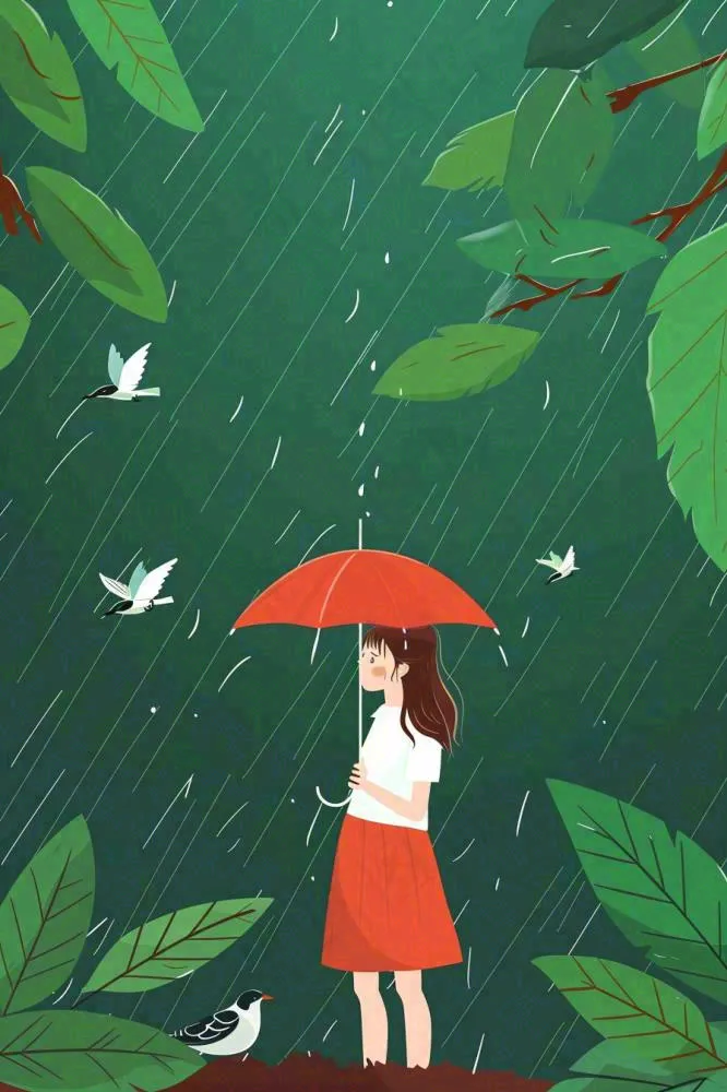 春天梅雨季红色女孩打雨伞户外绿色植物雨水谷雨卡通插画背景(896x1344)
