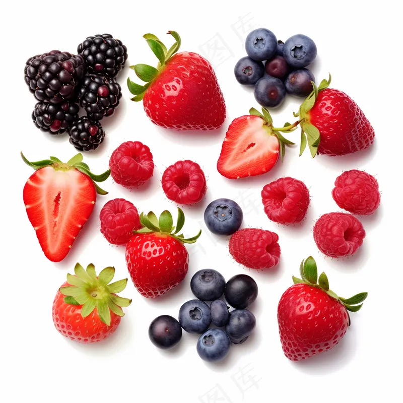 莓果草莓树莓蓝莓水果白底摄影图(3072x3072)