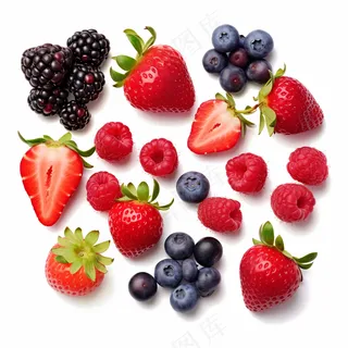 莓果草莓树莓蓝莓水果白底摄影图