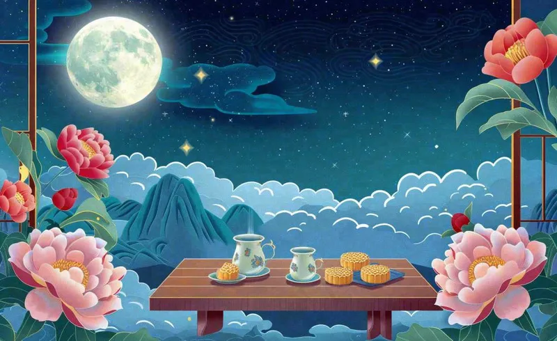 中秋晚宴赏月月饼喝茶牡丹花古风屏风祥云国潮风中国风插画背景(1408x864)