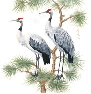 一对仙鹤站在松树上古风插画免抠