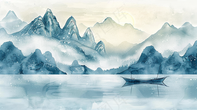 水墨山水画小船河面山川连绵国画插画背景(4368x2448)