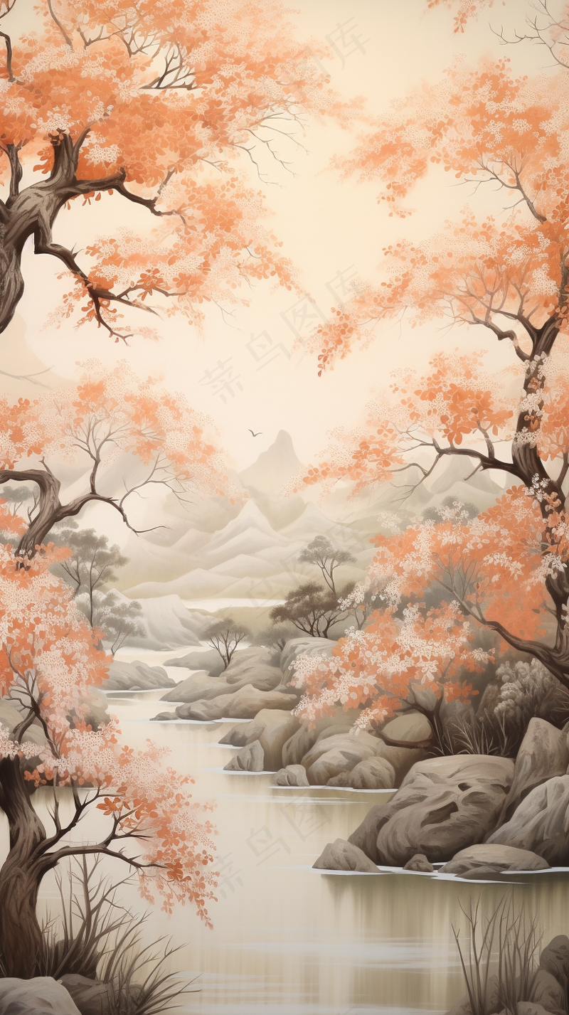 国风山水画河流花草国画水墨画素材背景(2448x4368)
