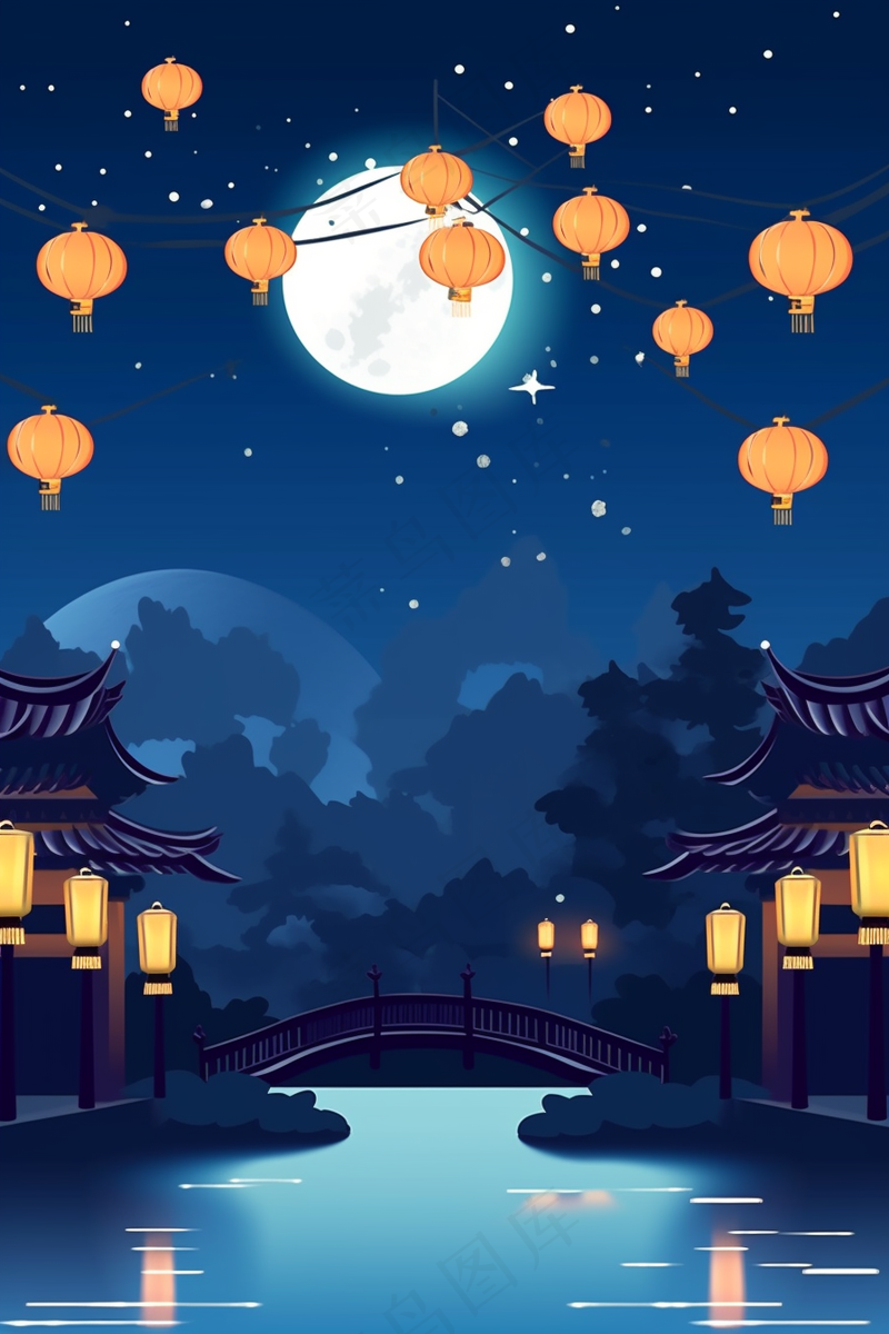 节日灯笼祈福夜晚天水一色蓝色卡通插画插图背景(2688x4032)