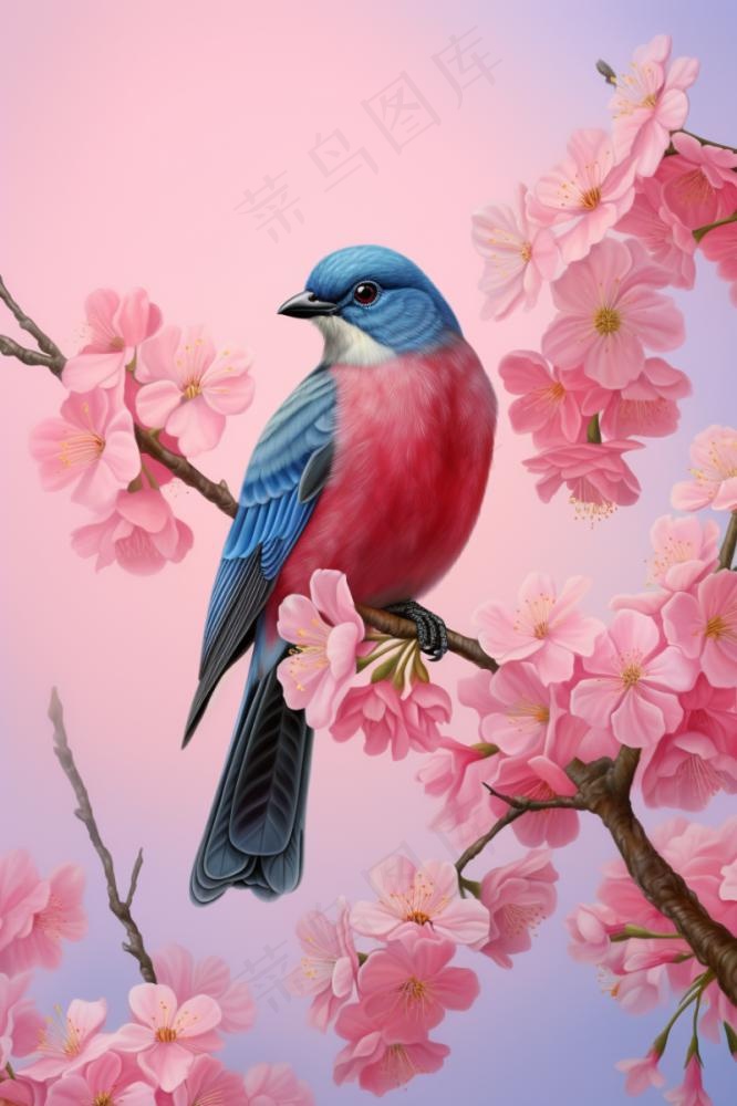 桃花樱花树枝上的蓝色小鸟插画背景