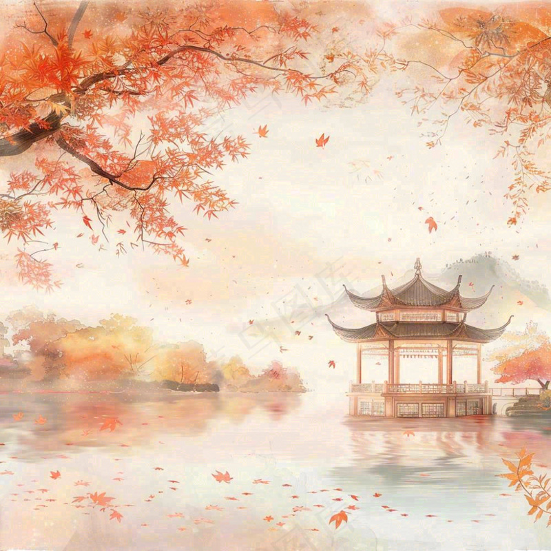 秋天红色枫叶江南水乡凉亭水墨画古风插画背景(1024x1024)