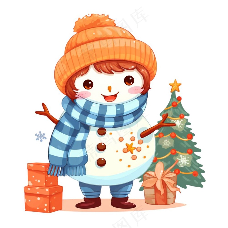 圣诞雪人蓝色橘色帽子围巾卡通插画免抠