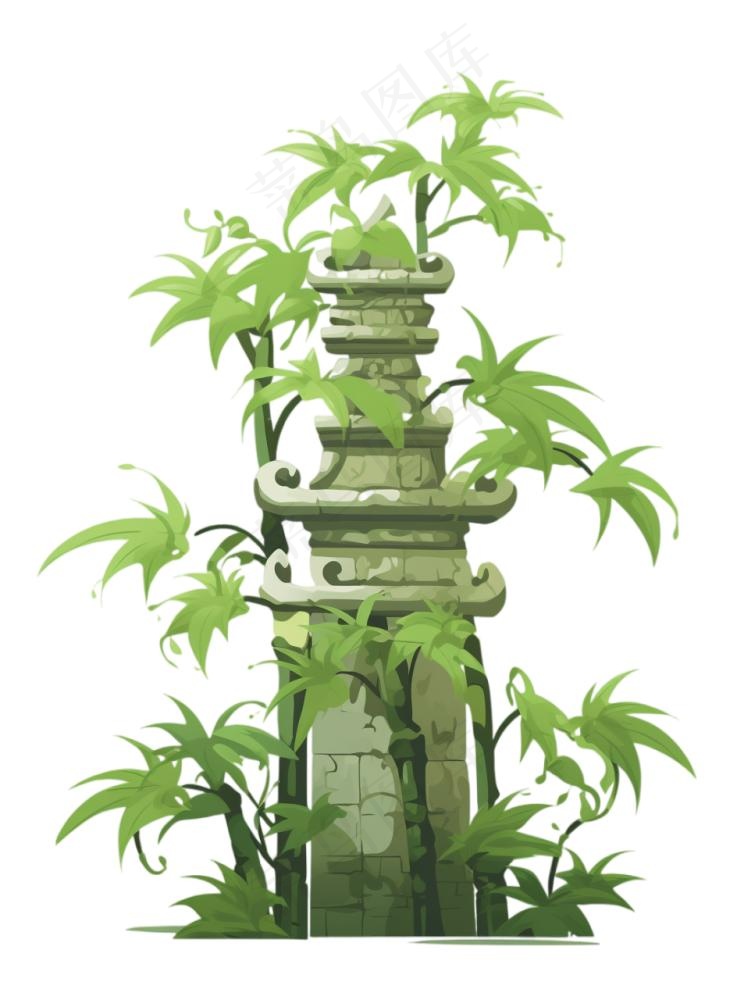 古迹上长满了藤蔓植物卡通插画免抠(944x1280)