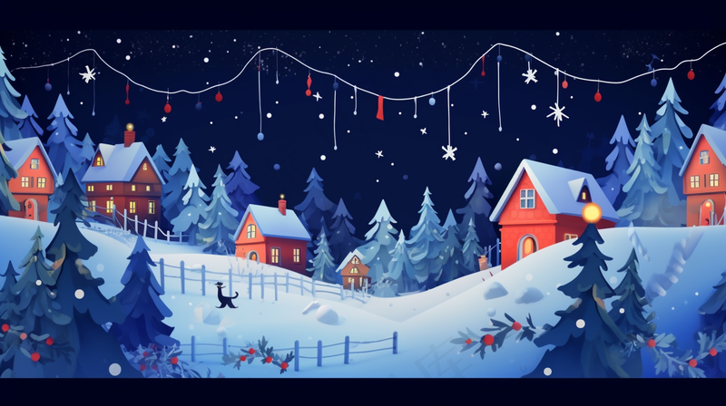 冬季白雪覆盖的欧洲小镇圣诞节日卡通插画背景(4368x2448)