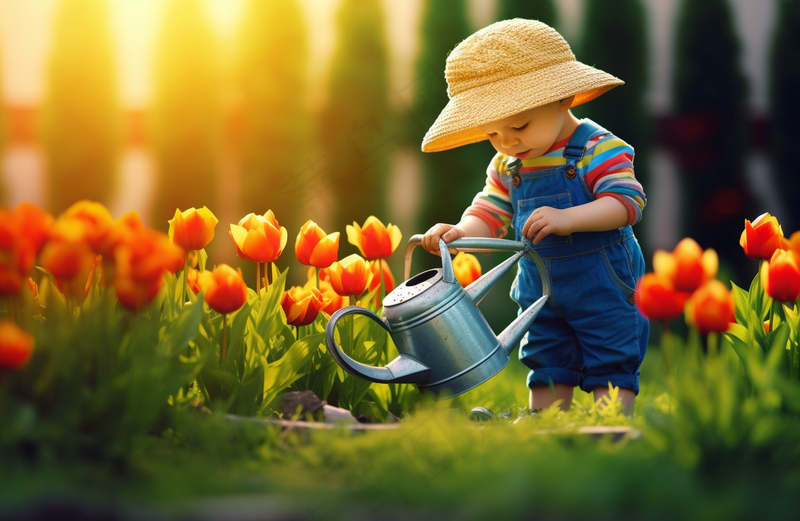 男孩在花园里浇花阳光鲜花摄影图