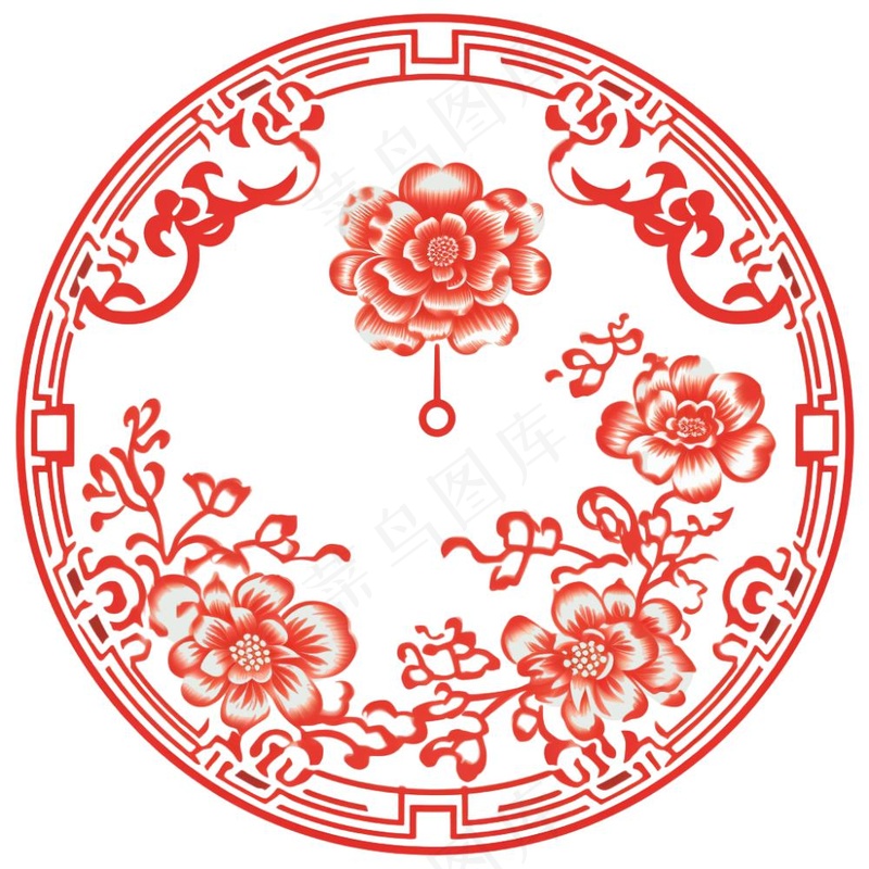 中式红色圆形贴纸窗花插画免抠(1024x1024)