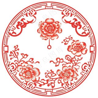 中式红色圆形贴纸窗花插画免抠