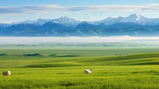 草原白云蓝天一望无际大自然风景摄影图