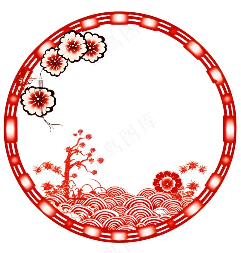 红色圆形边框窗花春节贴纸免抠(1814x1900)