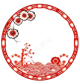 红色圆形边框窗花春节贴纸免抠